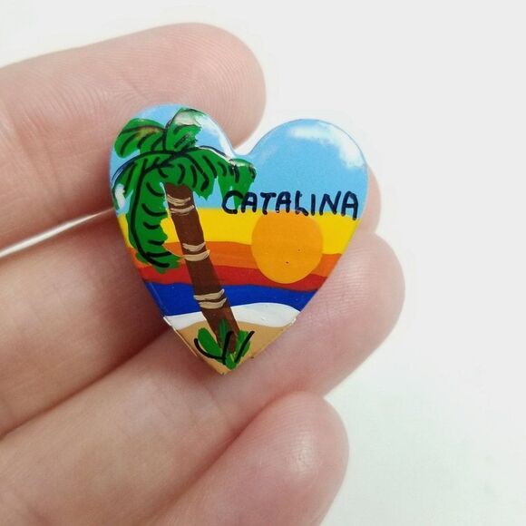 Vintage Catalina Heart Shape Tropical Palm Tree Sunset Brooch, Lapel Pin - Picture 6 of 6